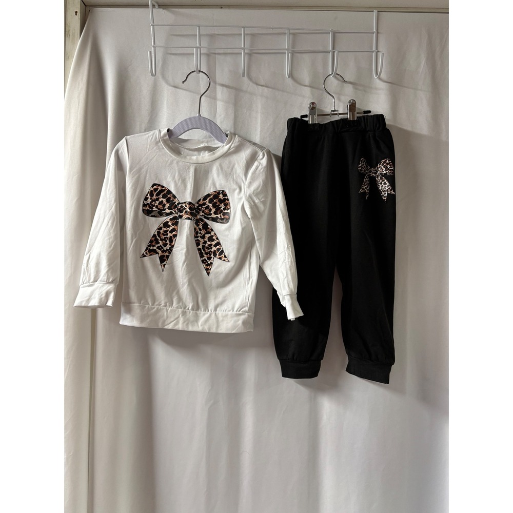 Kids White Long‎ Sleeve Top & Black Pants Set Leopard Bow Print Outfit Size 2-3Y